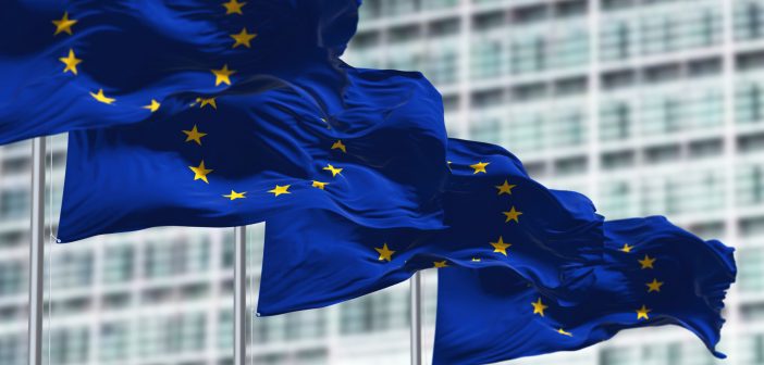 group of flags of the European Union waving in the wind